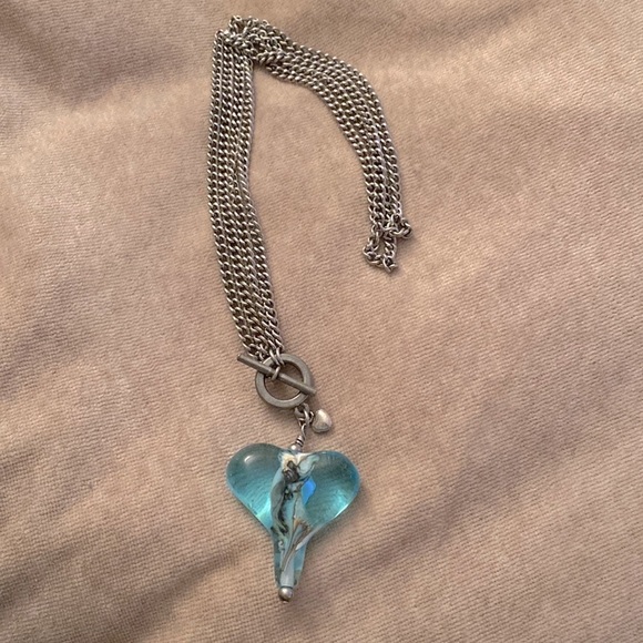 Handmade ant. silver plated finish necklace w/  heart aqua lampwork pendant - Picture 2 of 4